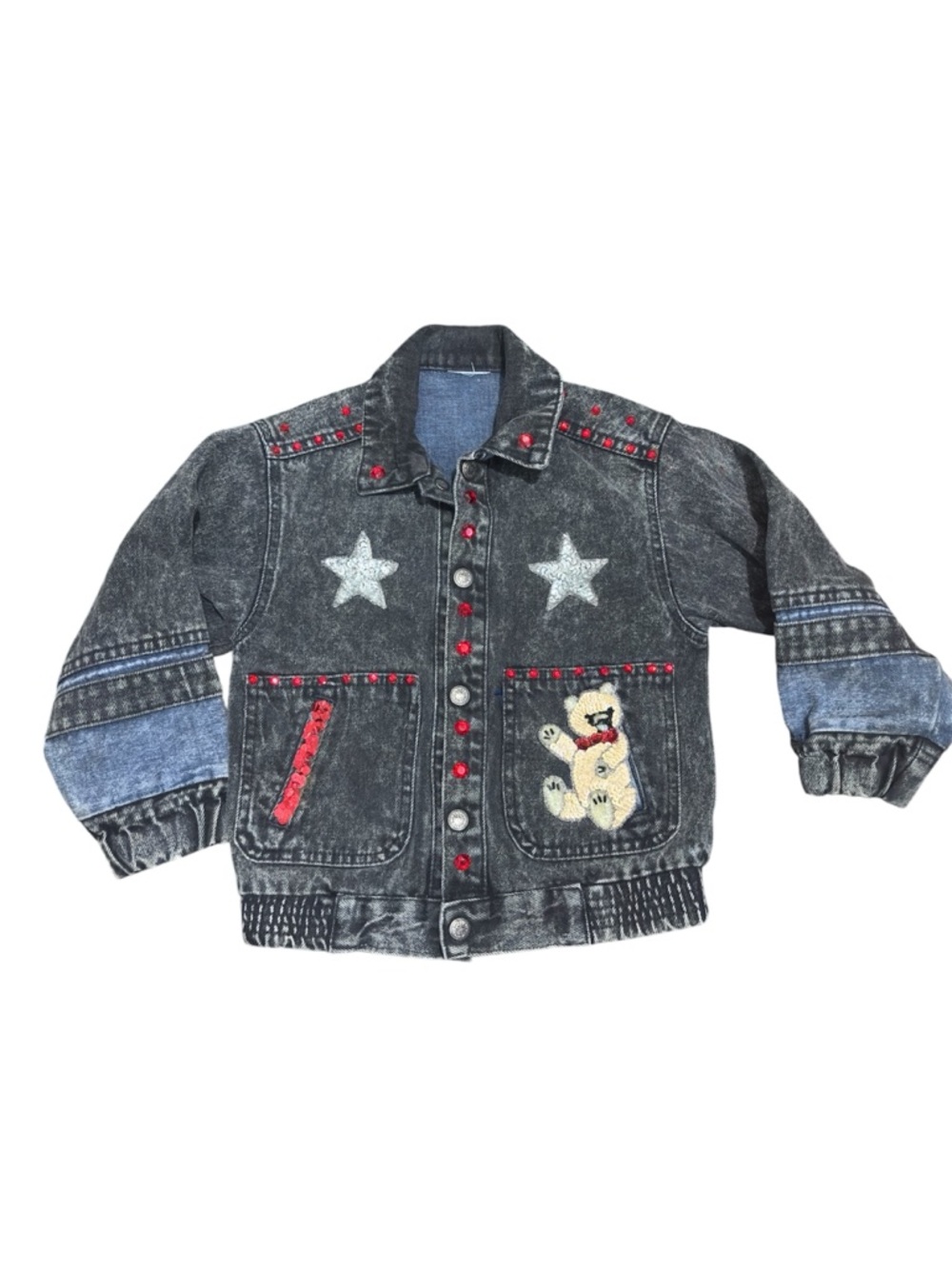 VTG Levis Kids Denim Jacket 4T Black Acid Wash Sequin Teddy Bear Stars